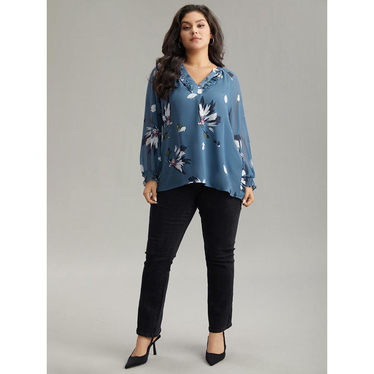 Plus Size Cerulean Floral Print Shirred Ruffles Mesh Blouse Women Elegant Long Sleeve V-neck Dailywear Blouses BloomChic 14-16/1X Product Image