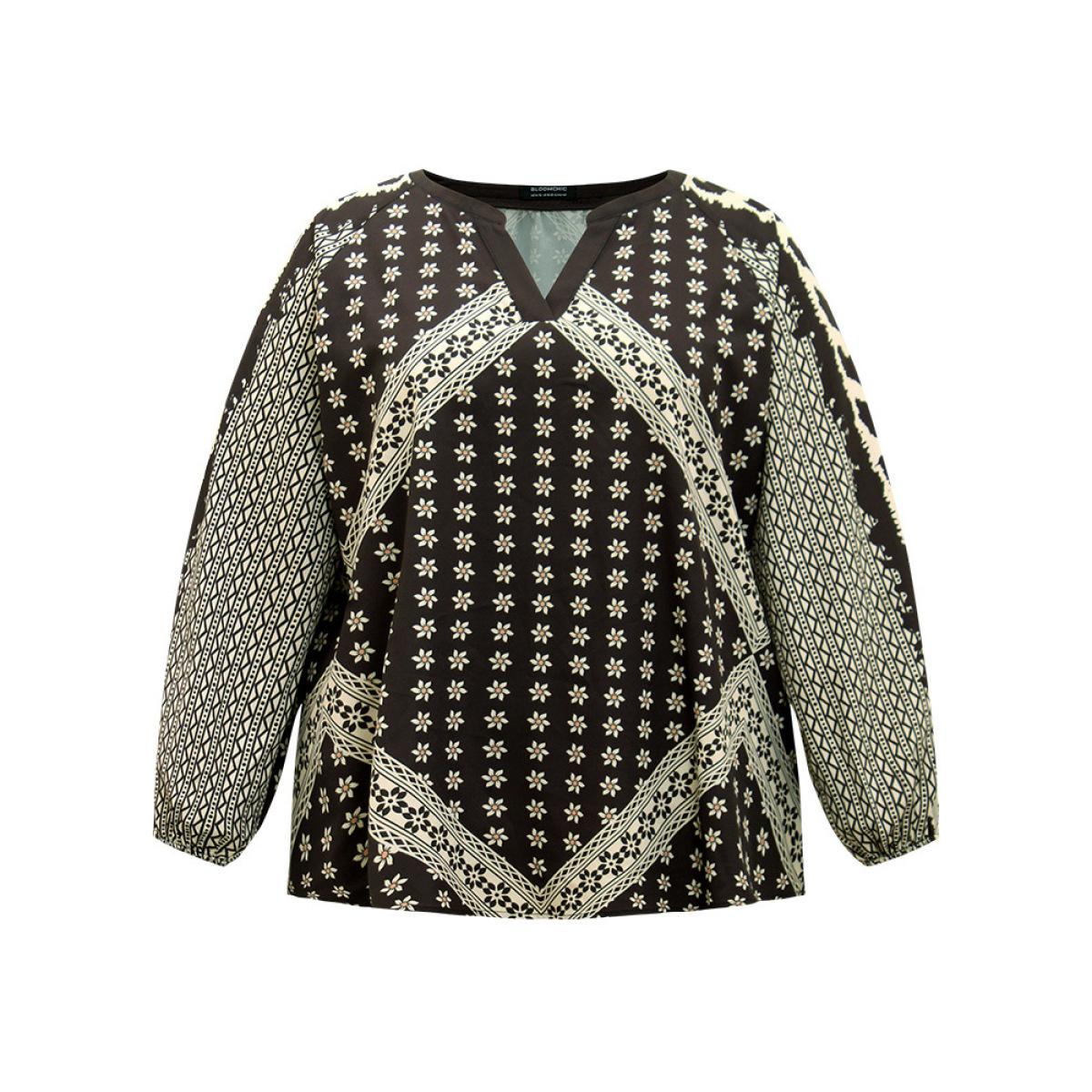 Plus Size Black Boho Print Lantern Sleeve Notched Blouse Women Vacation Long Sleeve Notched collar Dailywear Blouses BloomChic 18-20/2X Product Image