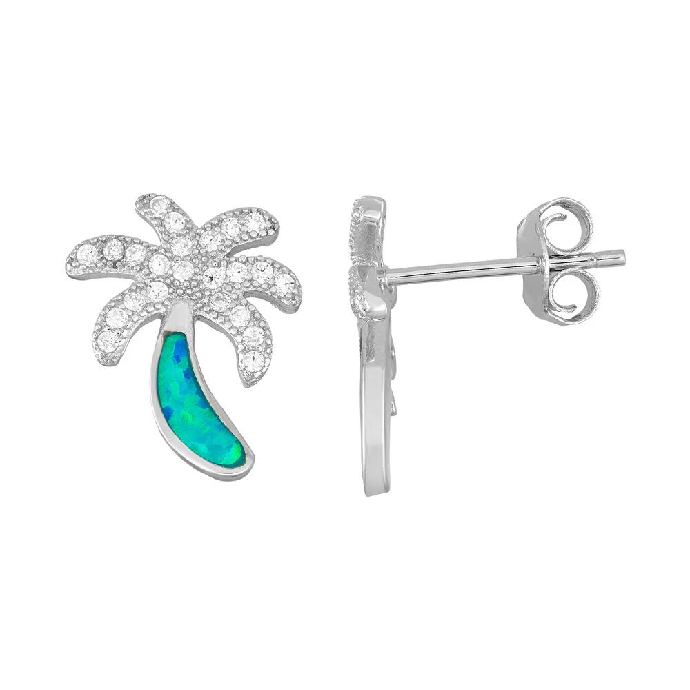 Sterling Silver Cubic Zirconia & Lab-Created Blue Opal Palm Tree Stud Earrings, Women's Product Image