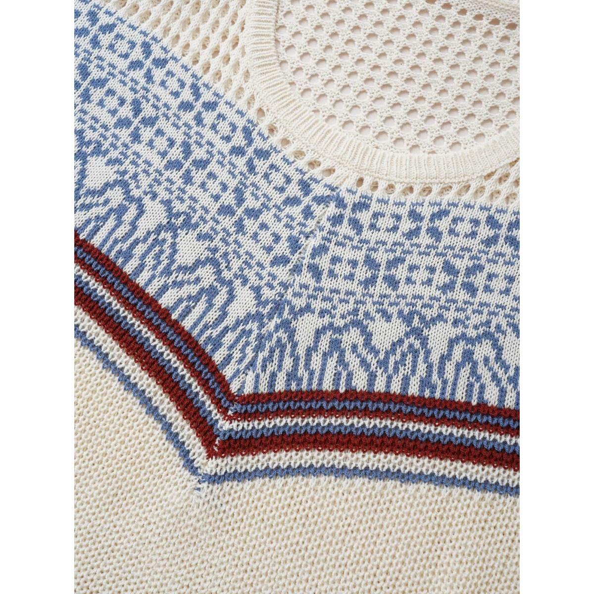 Plus Size Graphic Contrast Patchwork Hollow Out Pullover Beige Women Casual Long Sleeve Round Neck Everyday Pullovers BloomChic 12/L Product Image