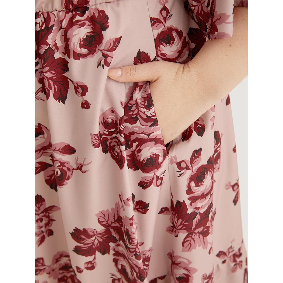 Plus Size Floral Print Pocket Flounce Sleeve Ruffle Dress DustyPink Women Elegant Printed V-neck Half Sleeve Curvy Midi Dress BloomChic 30/6X Product Image
