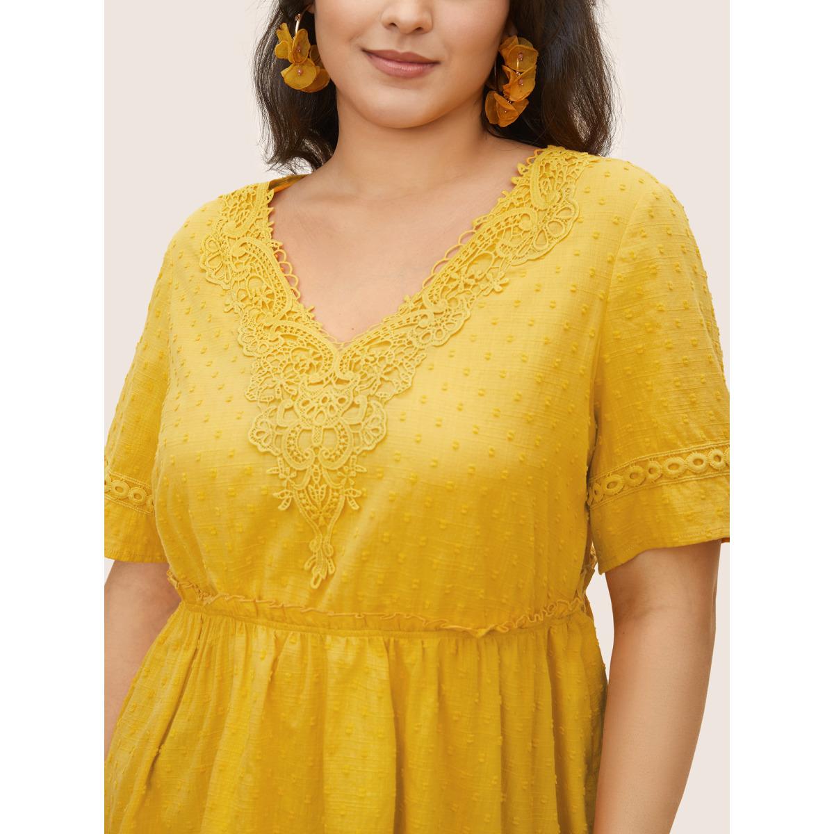 Plus Size Yellow Solid Woven Ribbon Frill Trim Gathered Blouse Women Resort Short sleeve V-neck Vacation Blouses BloomChic 22-24/3X Product Image