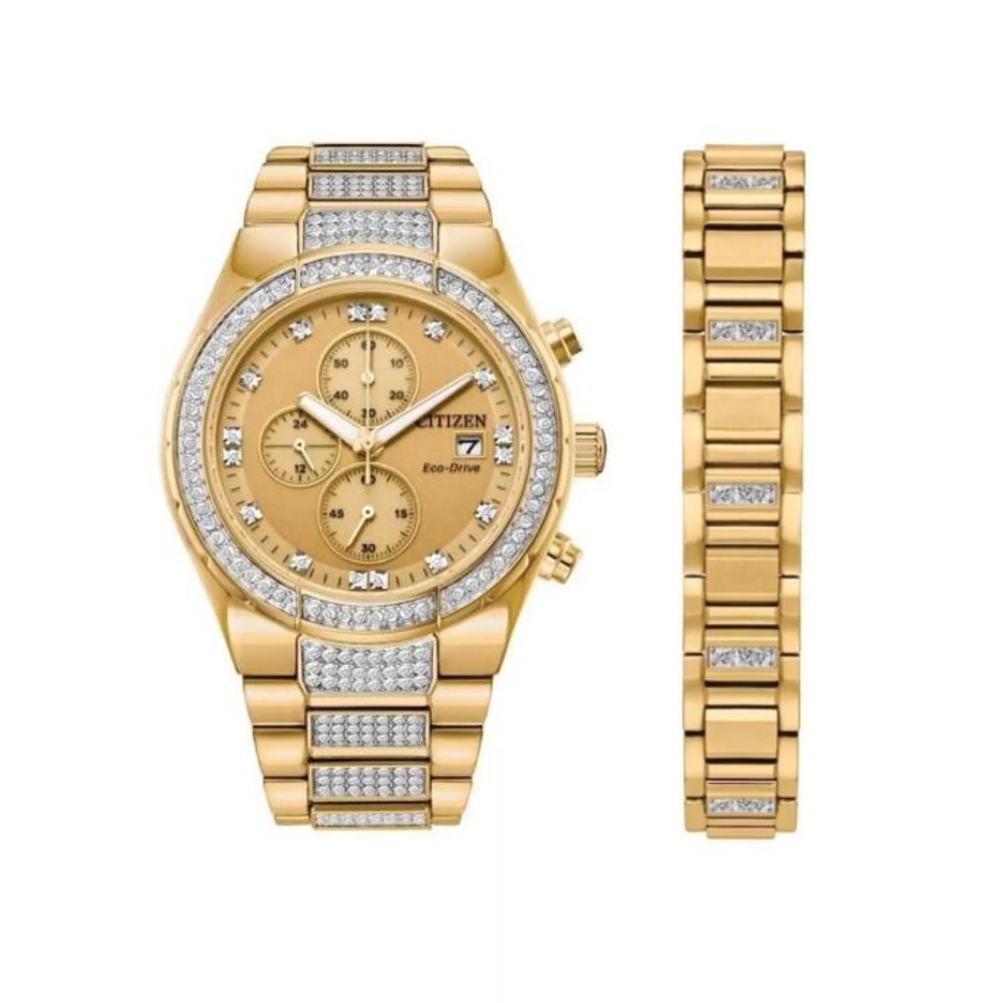 Citizen Mens Eco-Drive Crystal Accent Gold Tone Stainless Steel Watch & Bracelet Box Set - CA0752-66P Product Image