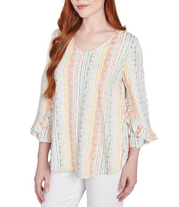 Ruby Rd. Stripe Floral Puff Print V-Neck 3/4 Bell Sleeve Top Product Image