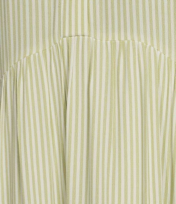 A Loves A Pinstripe Print Button Point Collar 3/4 Blouson Cuff Sleeve Tiered Waistless Midi Shirt Dress Product Image