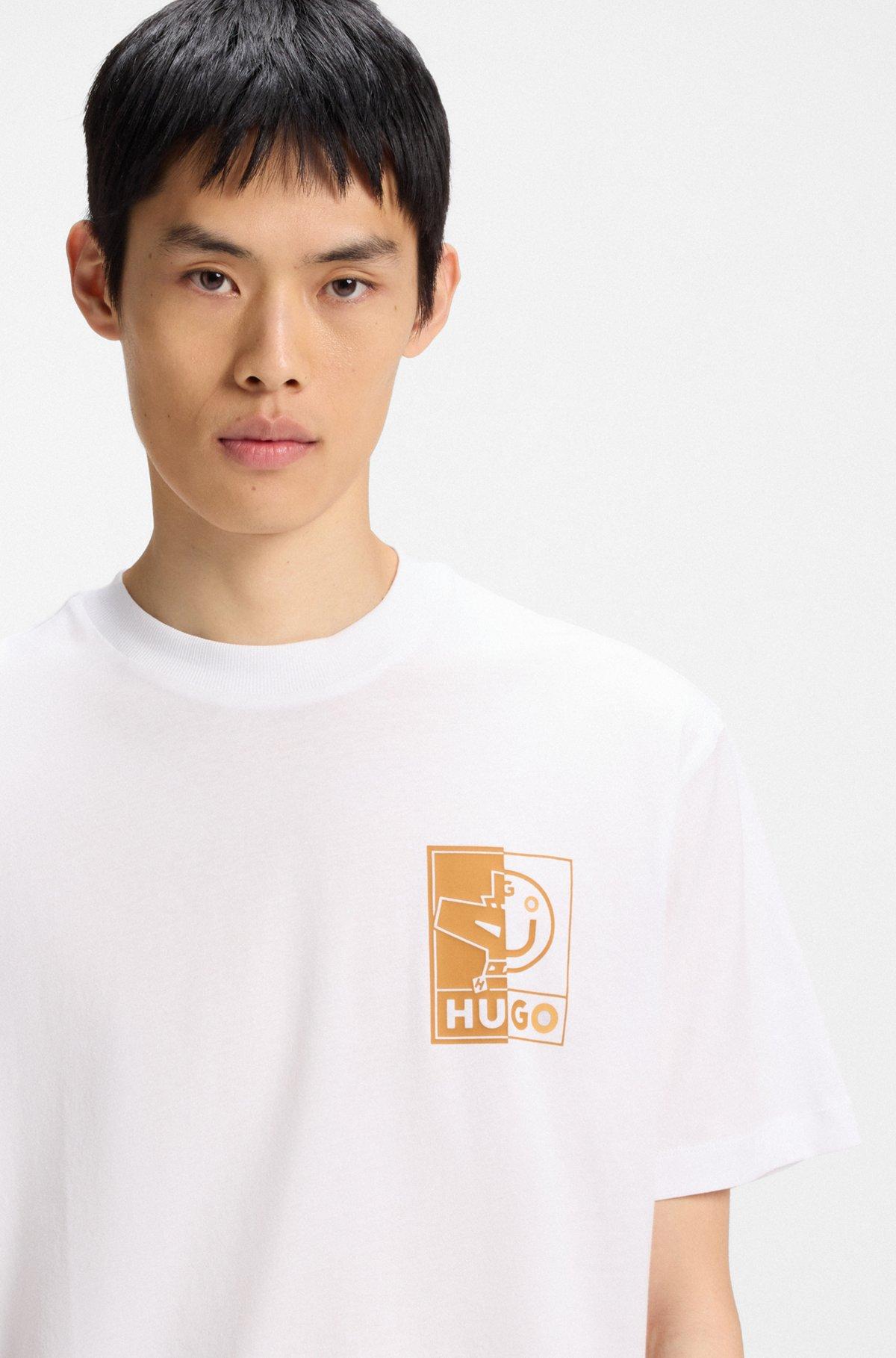HUGO - Cotton jersey T-shirt with mixed-print monogram graphics - White Product Image