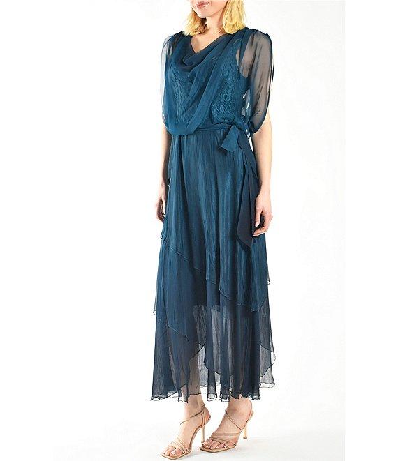 Komarov Charmeuse Accordion Pleated Attached Chiffon Popover Cowl Neck Sleeveless Tiered Midi Dress Product Image