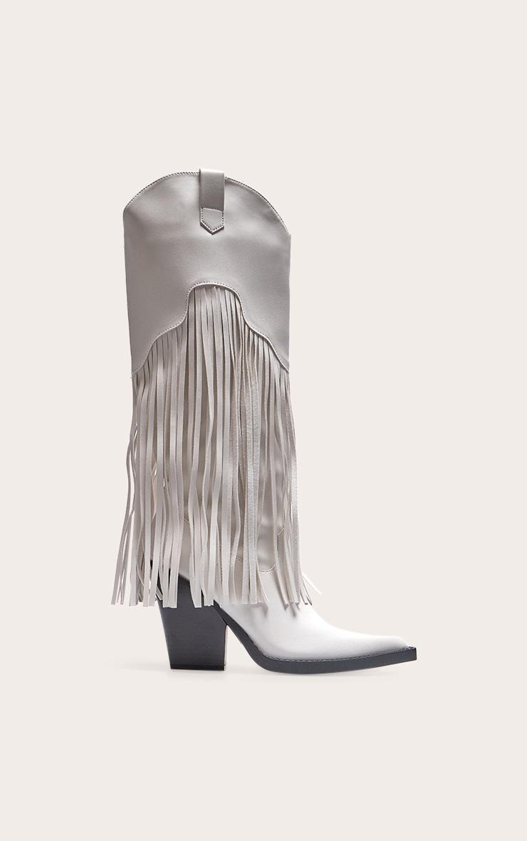 White PU Point Toe Tassel Fringed Block Heel Knee Western Boots Product Image