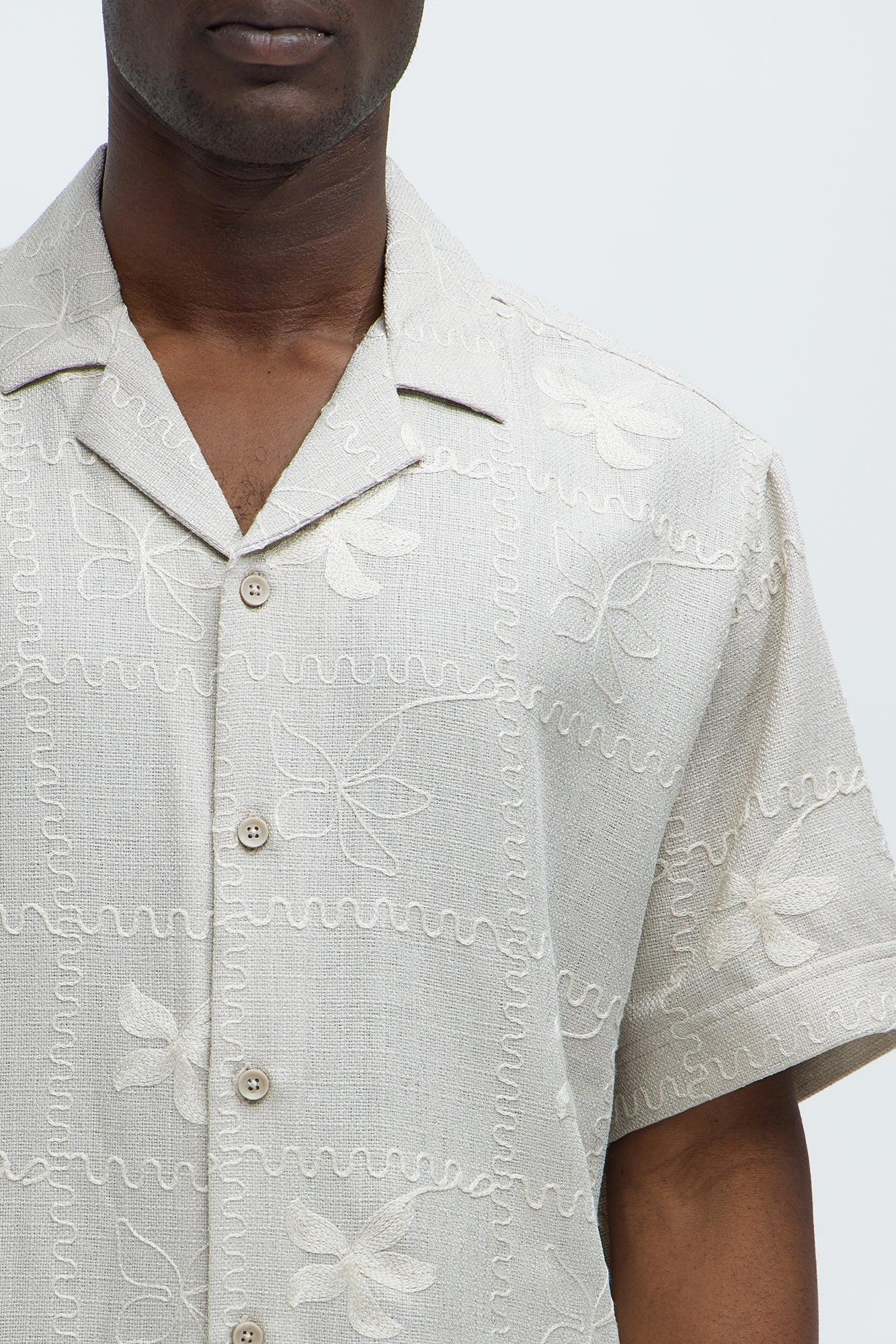 Embroidered Flowers Cuban Collar Button Up Shirt - Stone/Combo Product Image