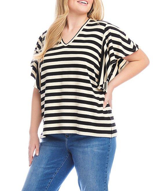 Karen Kane Plus Size Knit Stripe V-Neck Short Flutter Sleeve Top Product Image