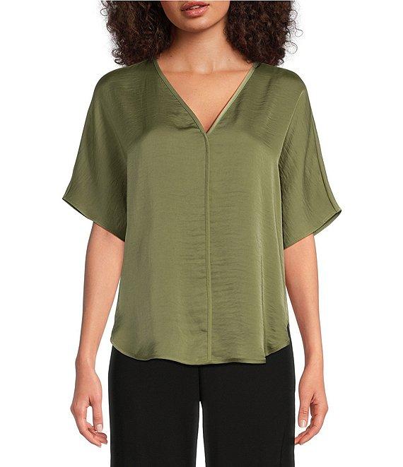 DKNY by Donna Karan Woven V-Neck Short Sleeve Blouse Product Image