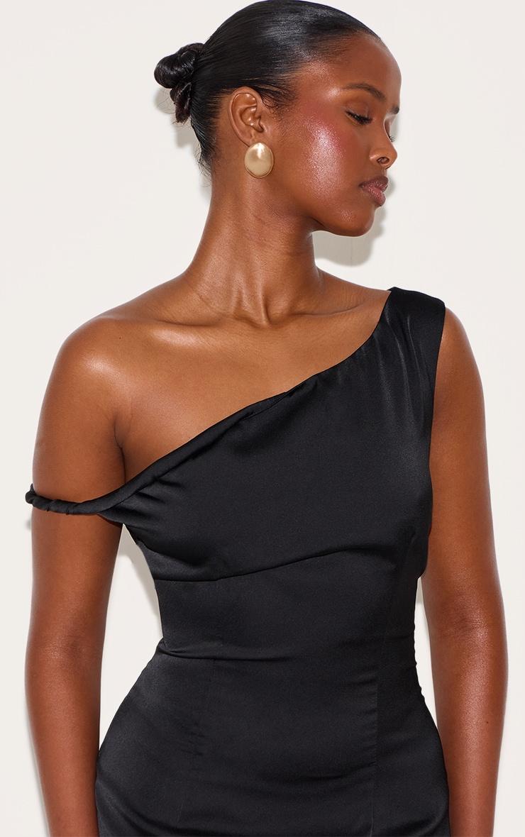 Black Satin Asymmetric Bardot Twist Maxi Dress Product Image