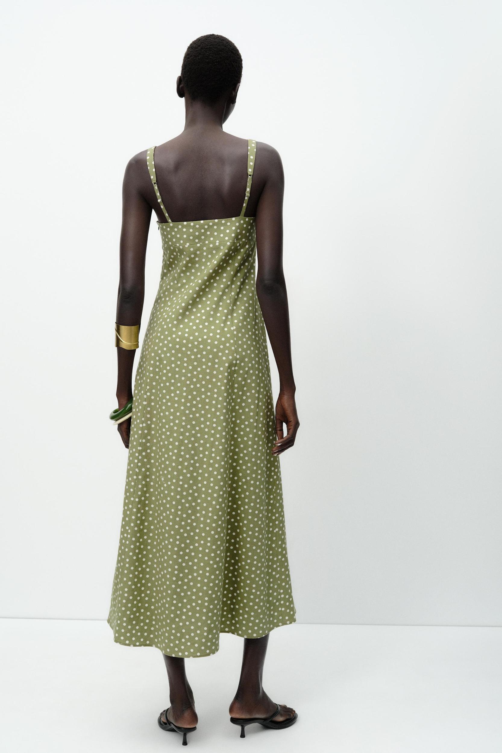 LINEN BLEND POLKA DOT MIDI DRESS Product Image