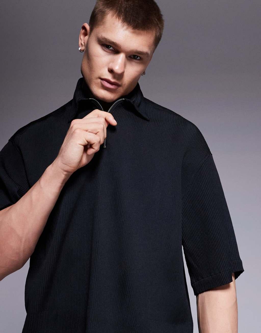 ASOS DESIGN overhead boxy plisse regular shirt in black Product Image