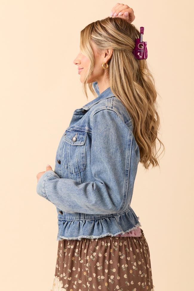 Denim Dreams Light Wash Peplum Detail Denim Jacket Product Image