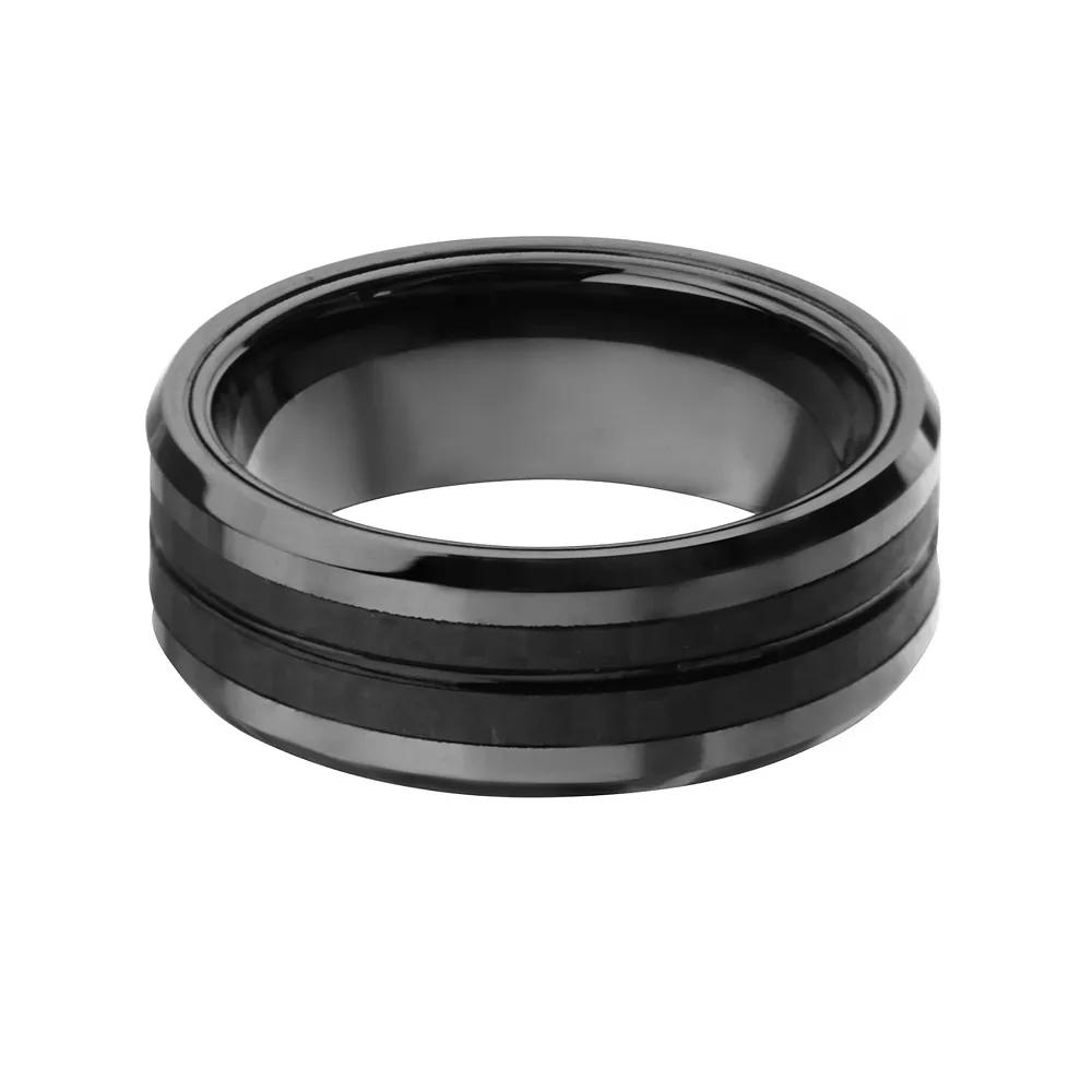 DANTE Men's Black Stainless Steel & Carbon Fiber Double Line Ring,  Product Image