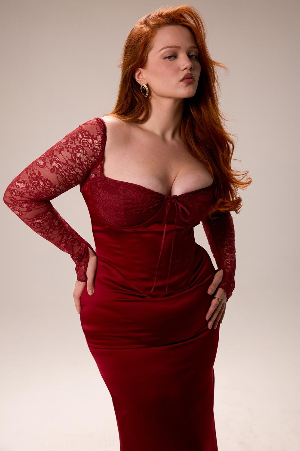 Perdi  berry satin maxi dress with corset Product Image