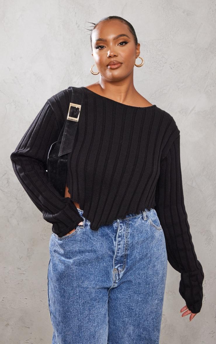 Plus Black Chunky Knit Long Sleeve Dip Hem Crop Top Product Image