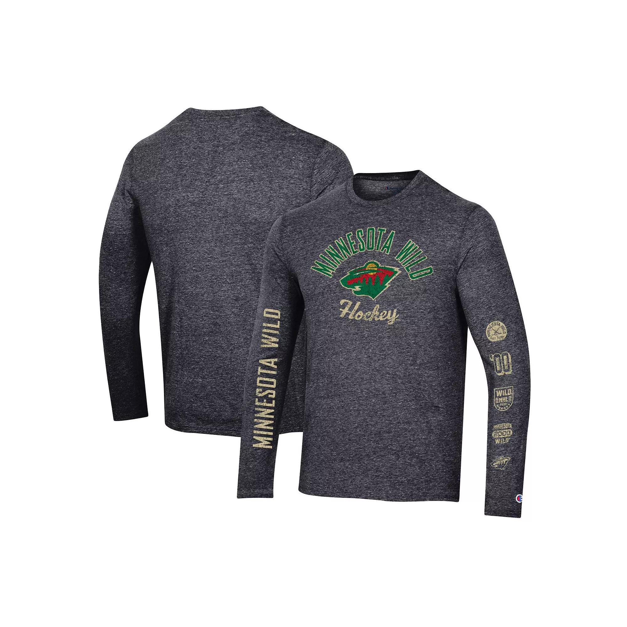 Men's Champion Heather Black Minnesota Wild Multi-Logo Tri-Blend Long Sleeve T-Shirt, Size: Small, Charco Product Image