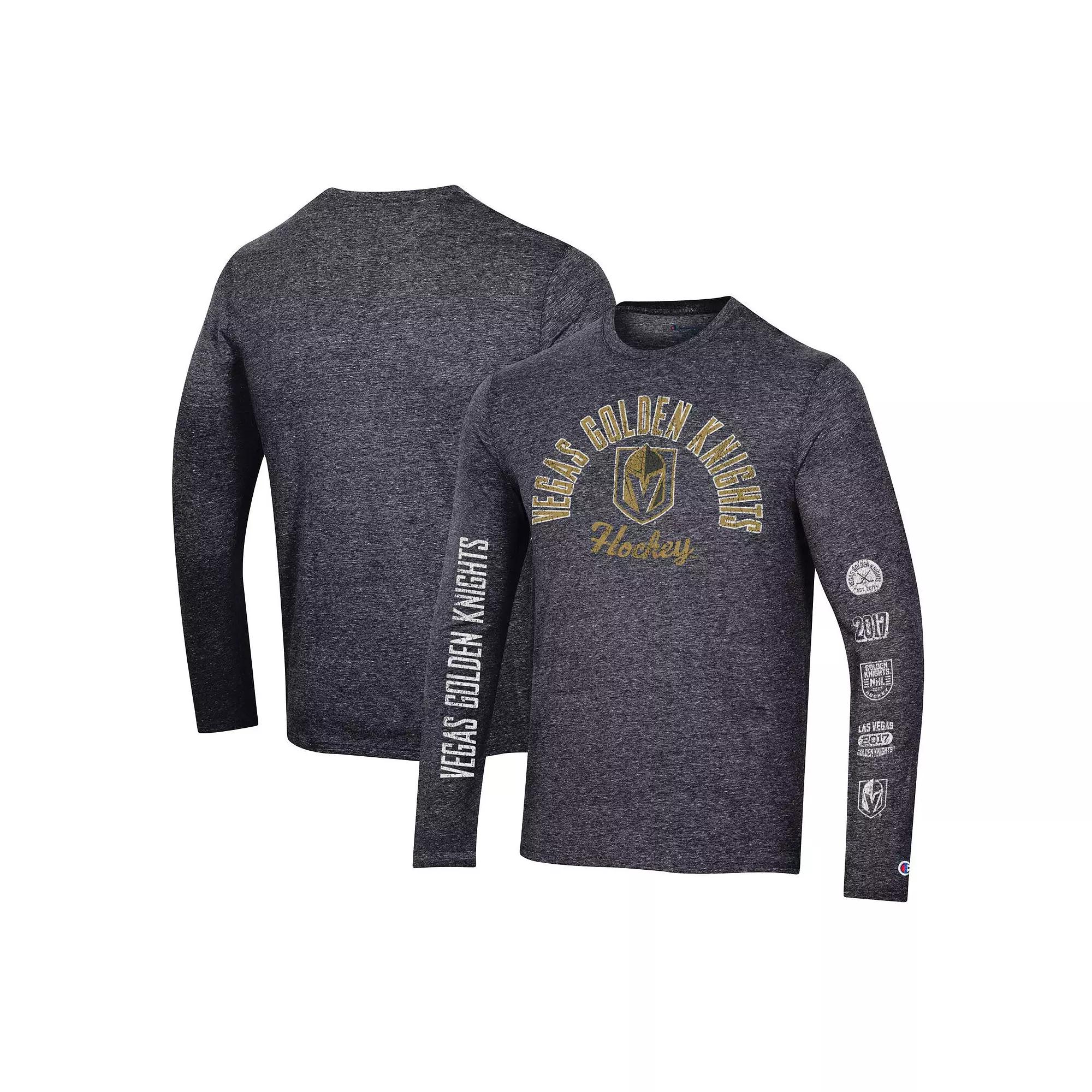 Men's Champion Black Vegas Golden Knights Multi-Logo Tri-Blend Long Sleeve T-Shirt,  Product Image