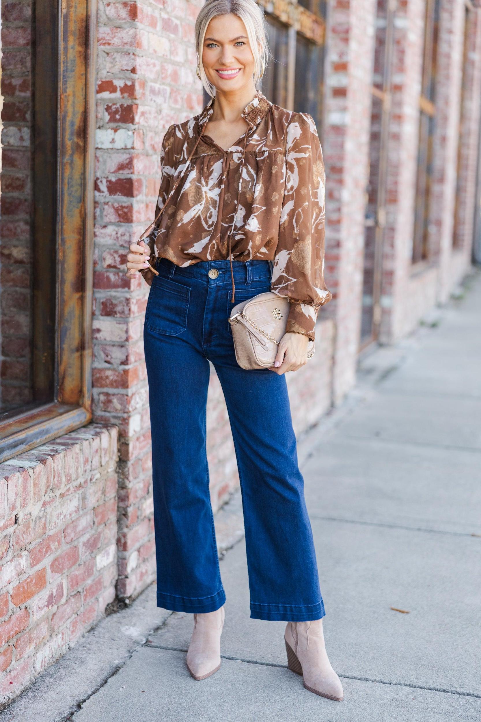 Give You A Try Camel Brown Floral Blouse Female Product Image