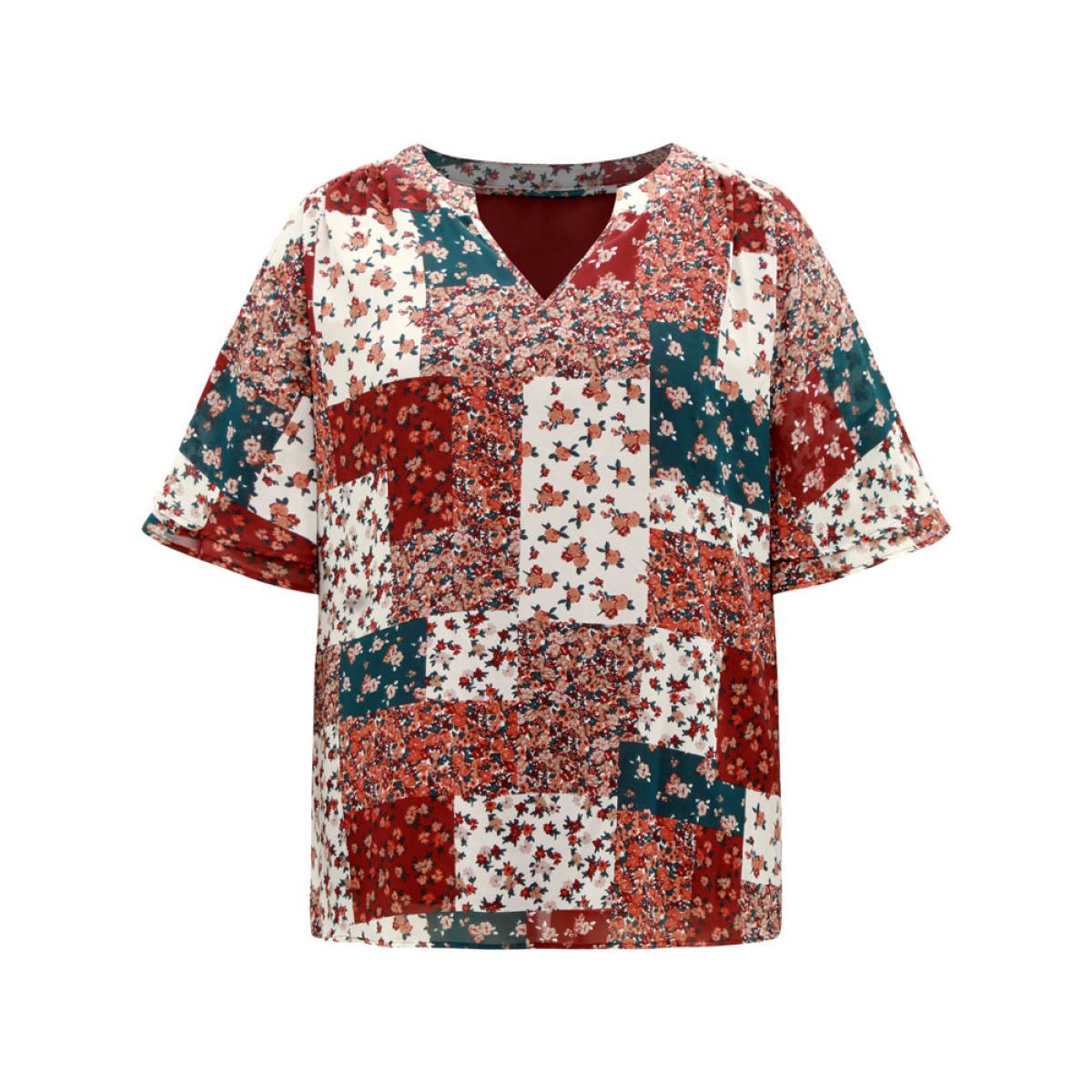 Plus Size Scarlet Ditsy Floral Colorblock Contrast Notched Blouse Women Vacation Short sleeve Notched collar Vacation Blouses BloomChic 14-16/1X Product Image