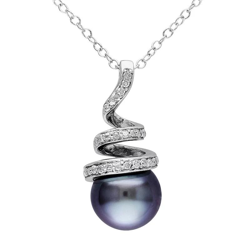 Stella Grace Sterling Silver Tahitian Cultured Pearl & 1/10 Carat T.W. Diamond Swirl Pendant Necklace, Womens Black Product Image