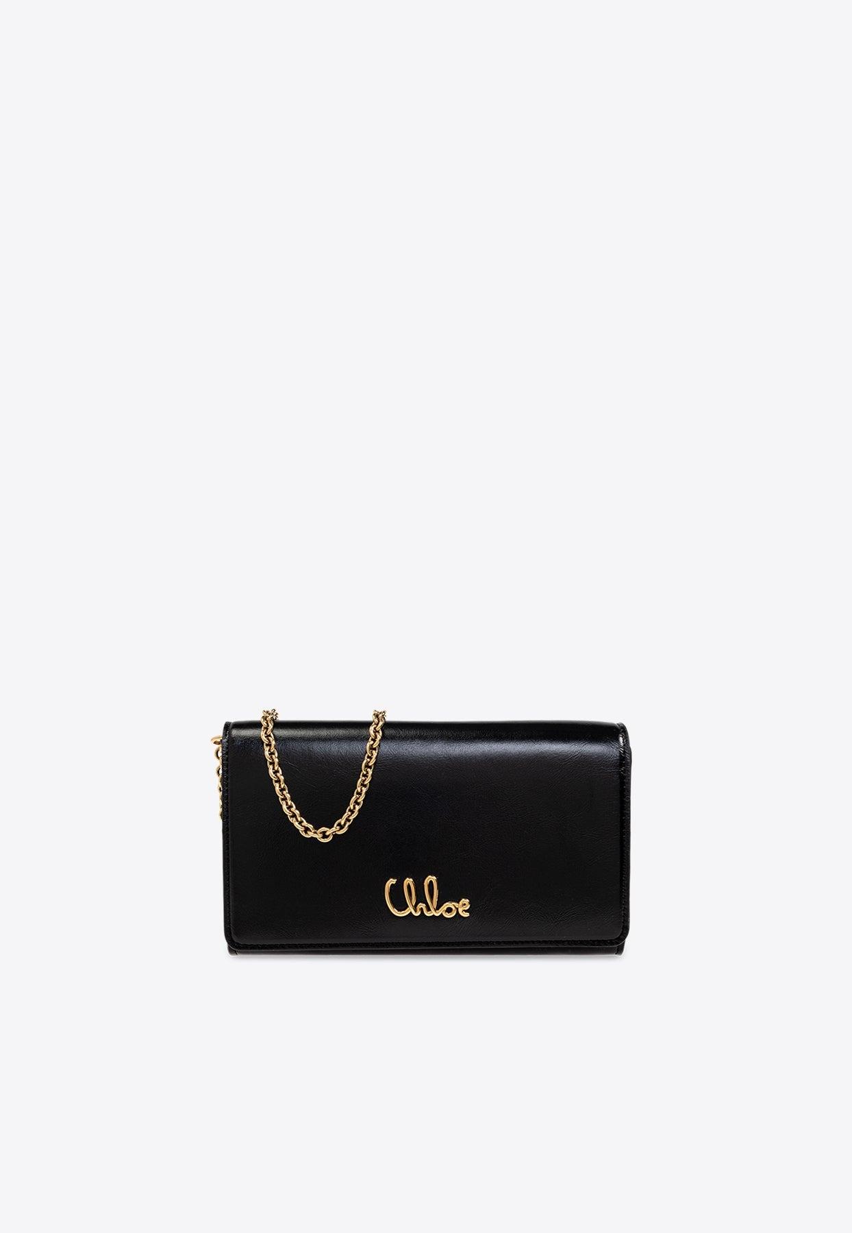 CHLOÉ Iconic Flap Wallet On Chain In Shiny Calfskin In Black Product Image