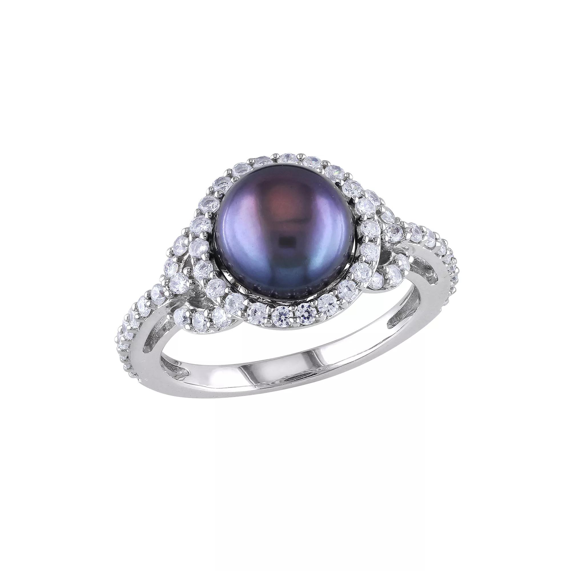 Stella Grace Sterling Silver Dyed Black Freshwater Cultured Pearl & Cubic Zirconia Ring, Womens Silvertone Product Image