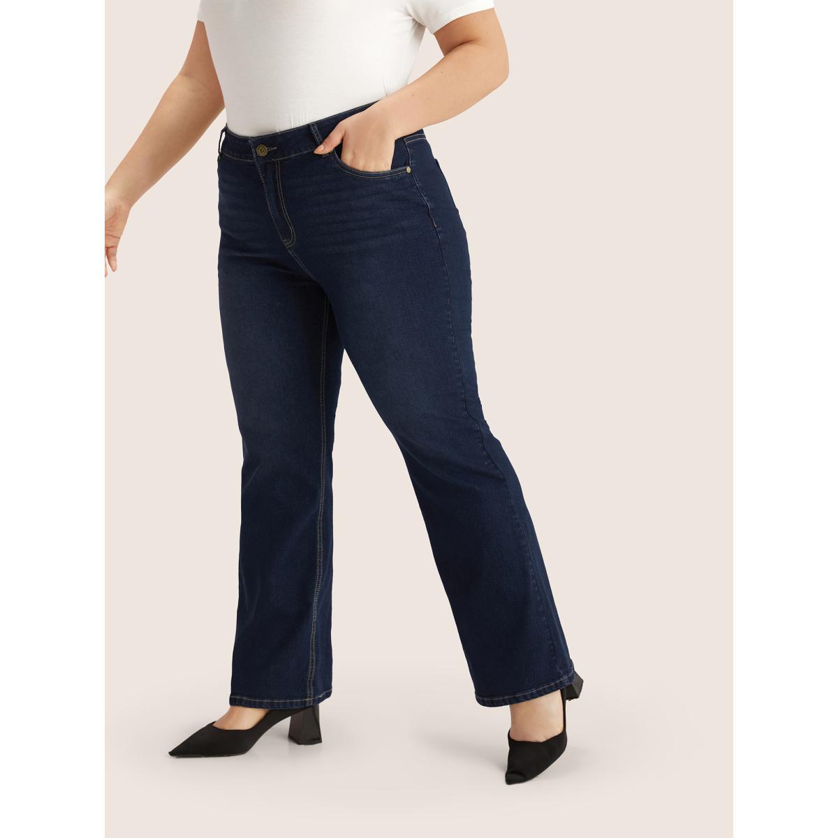 Plus Size Plain Bootcut Pocket Zipper Fly Jeans Women DarkBlue Casual Plain Non High stretch Slanted pocket Jeans BloomChic 24/3X Product Image