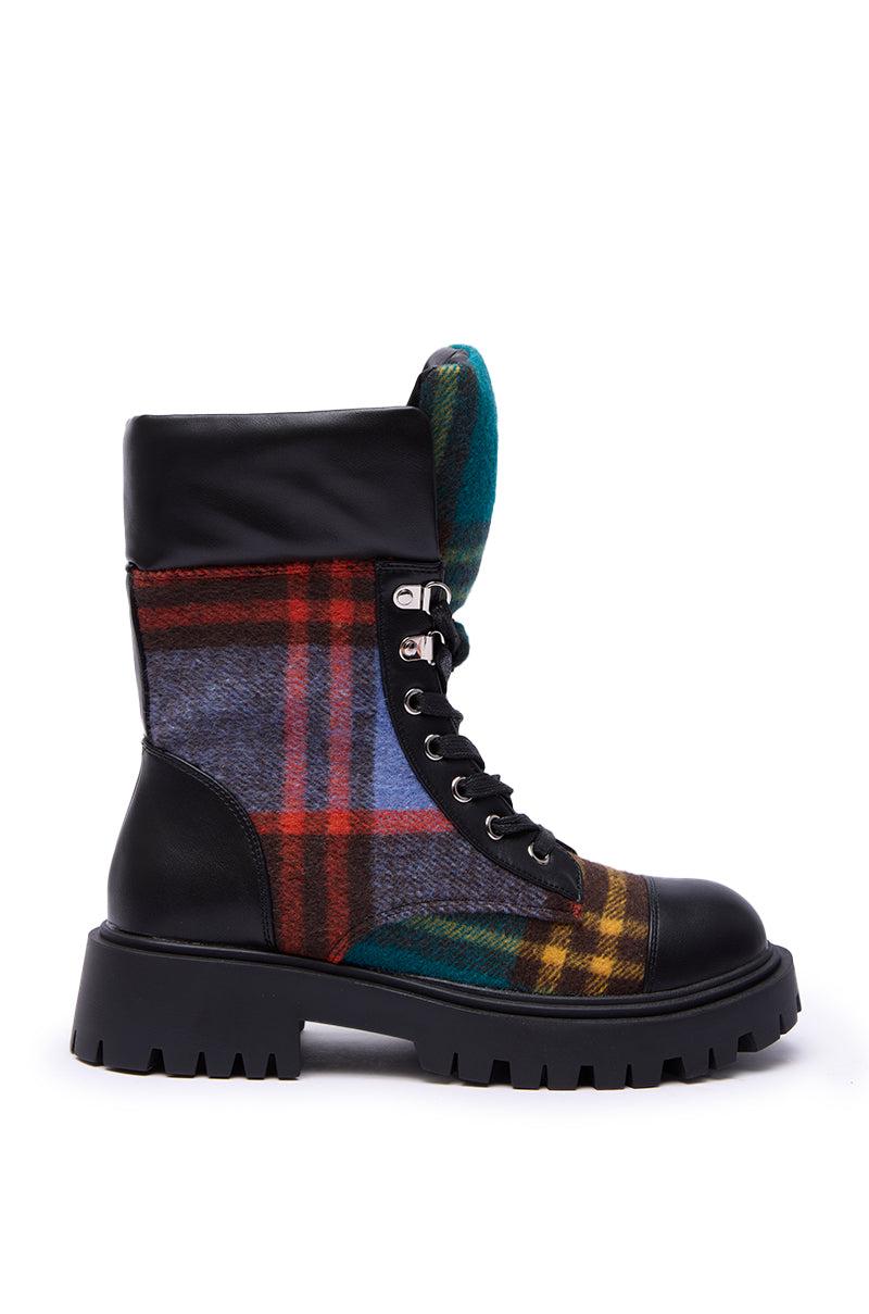 AZALEA WANG CALIBAN BLACK MULTI PLAID COMBAT BOOTIE Product Image