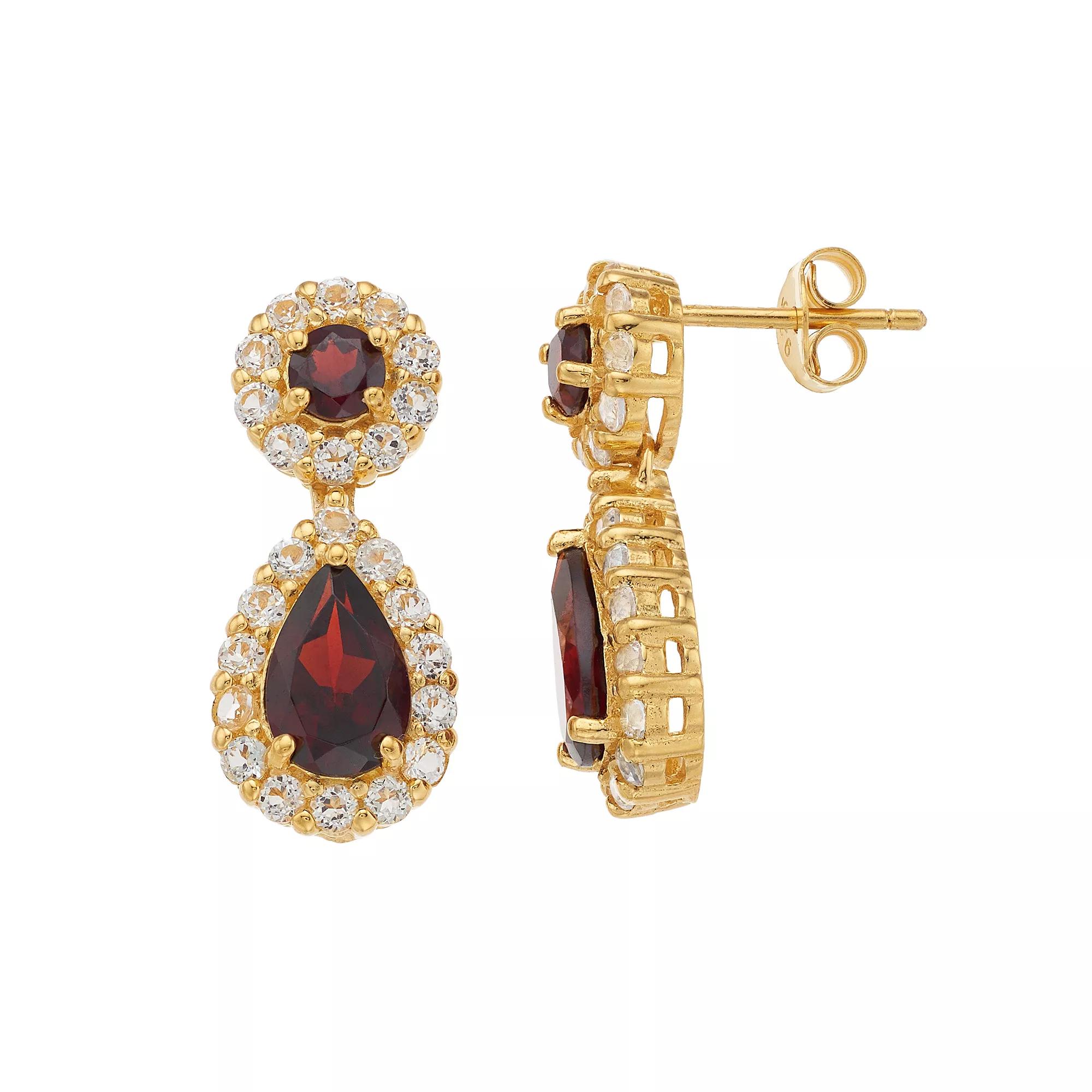 14k Gold Over Silver Garnet & White Topaz Teardrop Halo Earrings, Women's Product Image