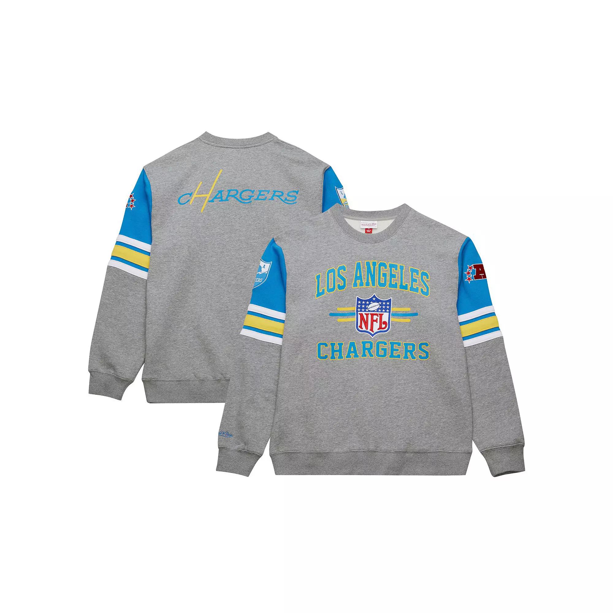 Men's Mitchell & Ness Heather Gray Los Angeles Chargers All Over 4.0 Vintage Logo Pullover Sweatshirt, Size: 2XL, Grey Product Image