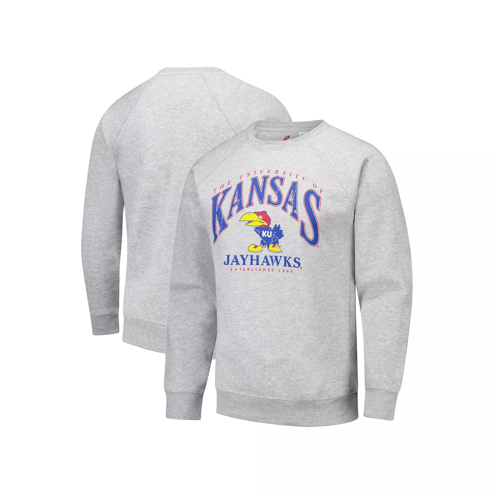 Men's League Collegiate Wear Heather Gray Kansas Jayhawks Tall Arch Essential 2.0 Pullover Sweatshirt,  Product Image