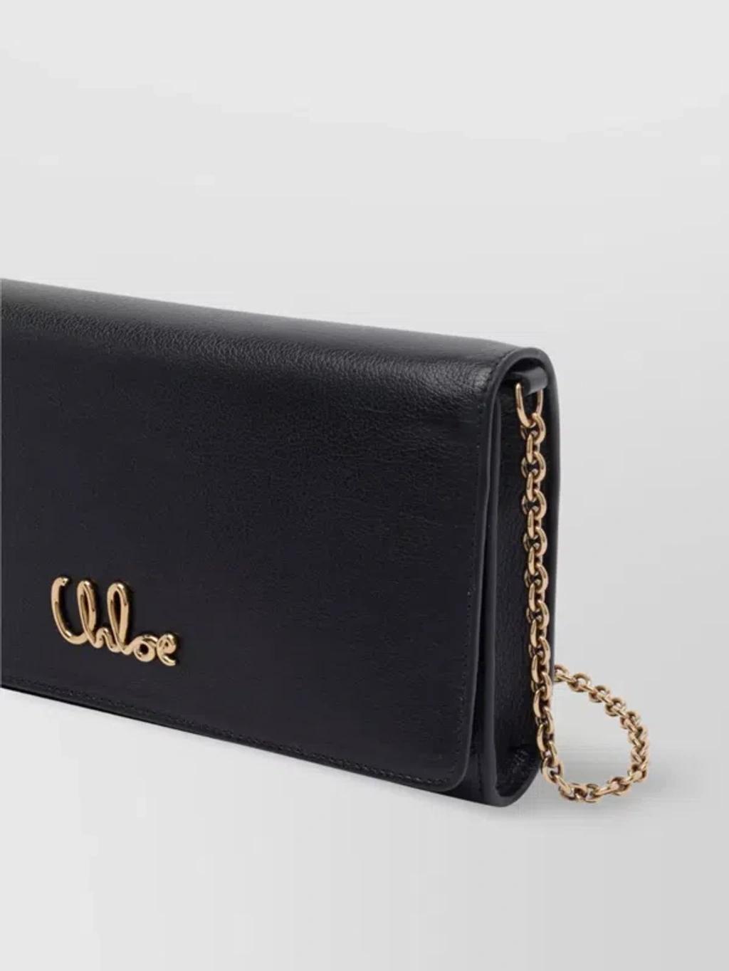 CHLOÉ Iconic Flap Wallet On Chain In Shiny Calfskin In Black Product Image
