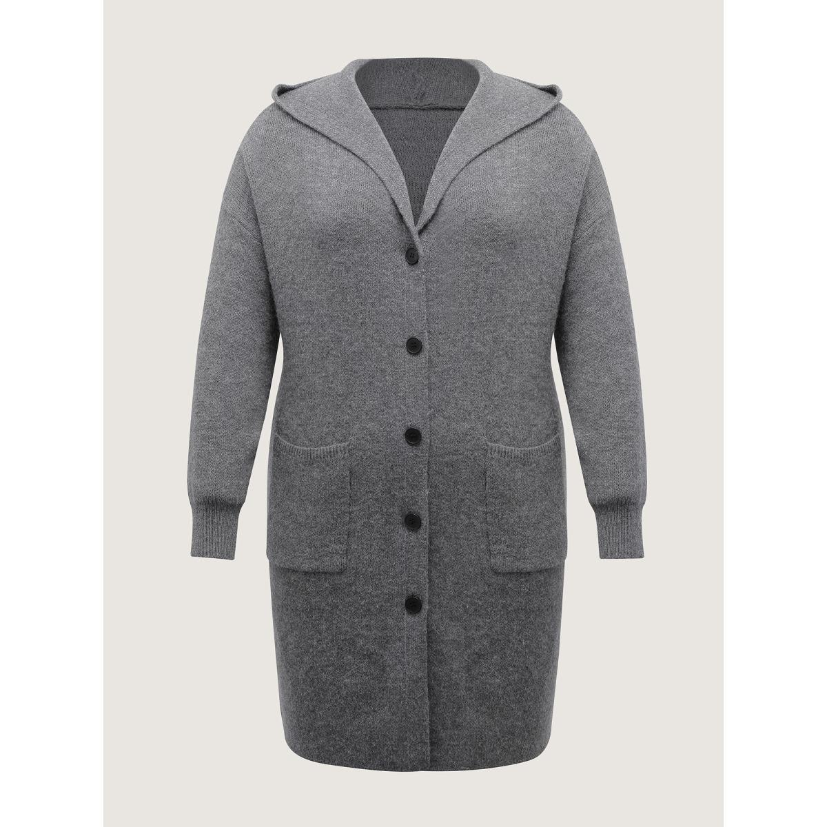 Plus Size Hooded Button Slit Pockets Knit Cardigan DarkGray Women Leisure Loose Long Sleeve Casual Cardigans BloomChic 12/L Product Image