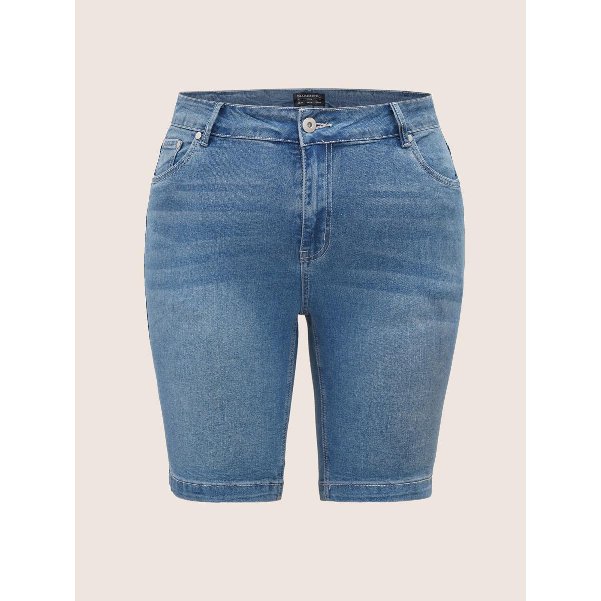 Plus Size Very Stretchy High Rise Dark Wash Denim Shorts Women Blue Casual Plain High stretch Slanted pocket Jeans BloomChic 14/1X Product Image