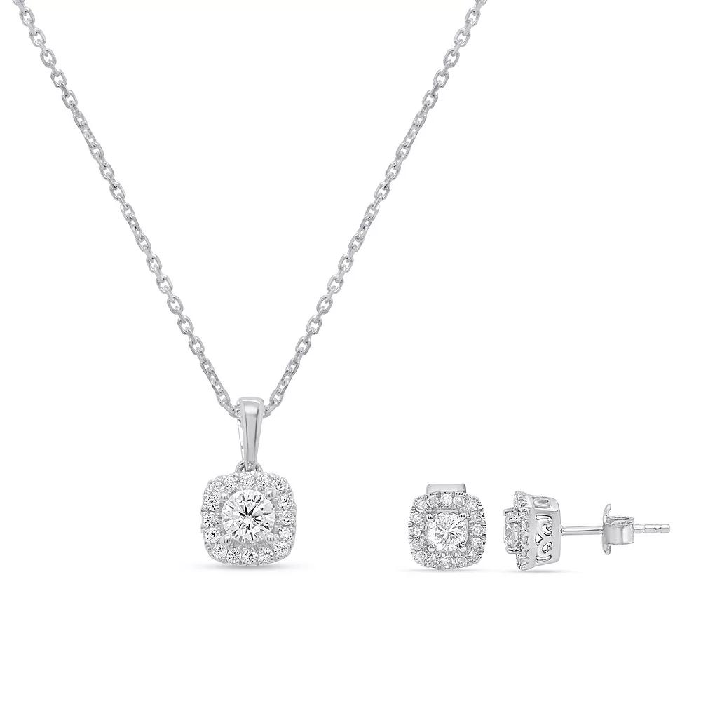Ethique 1 Carat T.W. Lab-Grown Diamond Halo Pendant Necklace & Cushion-Shaped Stud Earring Set, Women's, Size: 18", Sterling Silver Product Image