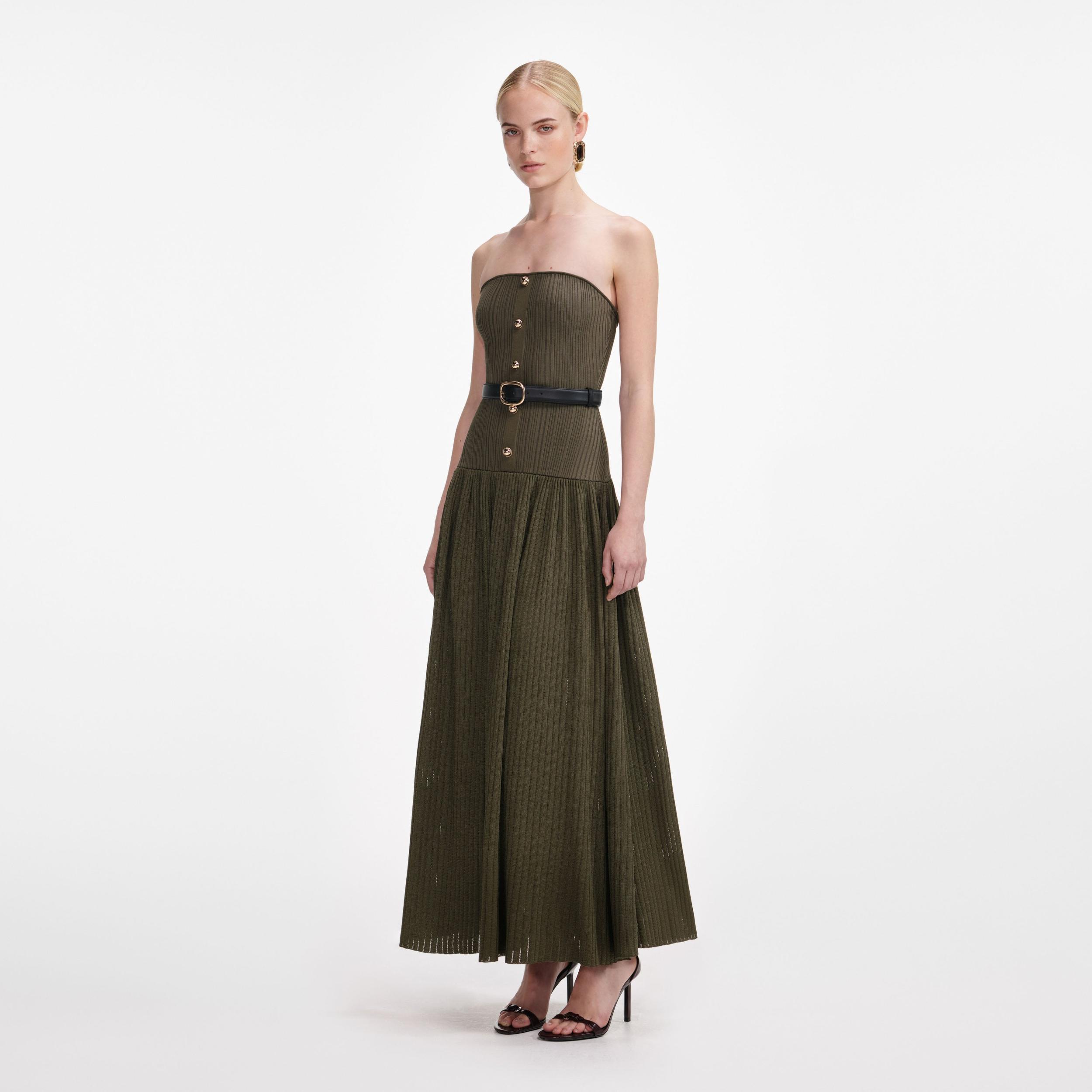 Khaki Bandeau Knit Midi Dress Product Image
