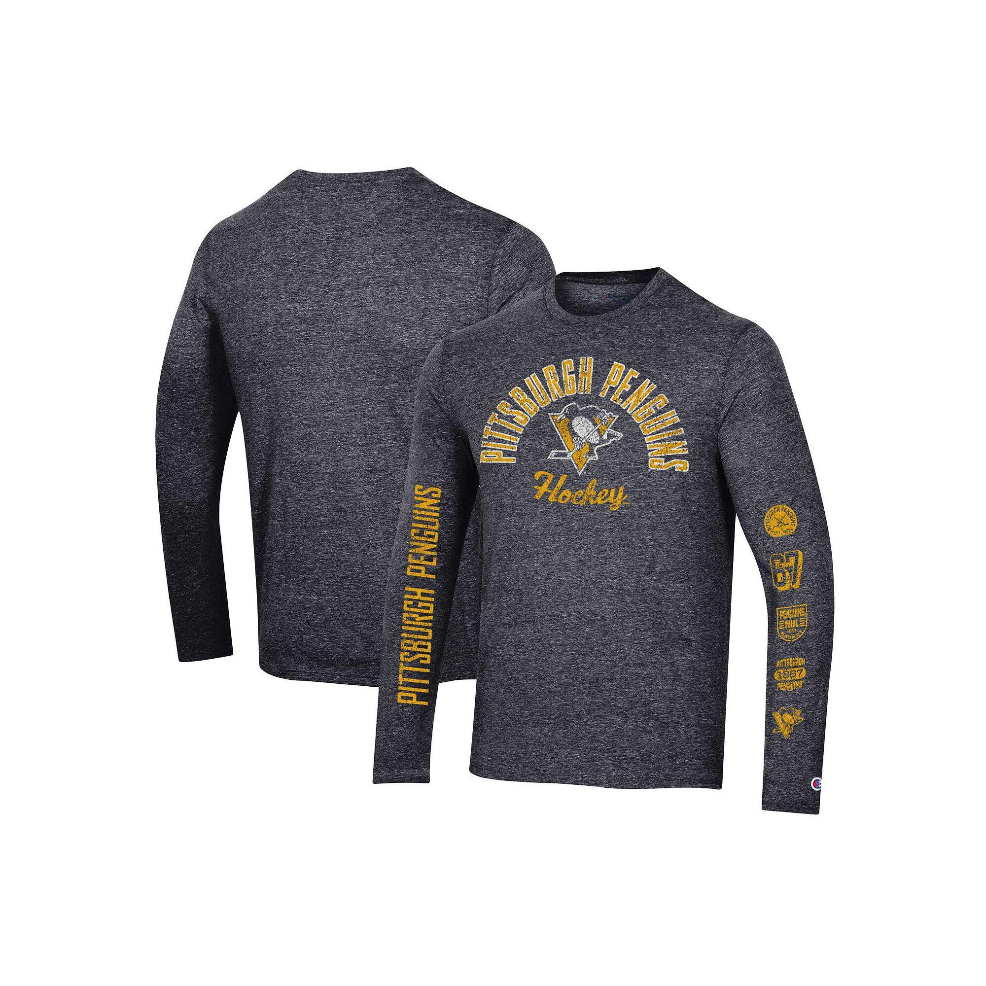 Men's Champion Heather Black Chicago Blackhawks Multi-Logo Tri-Blend Long Sleeve T-Shirt,  Product Image