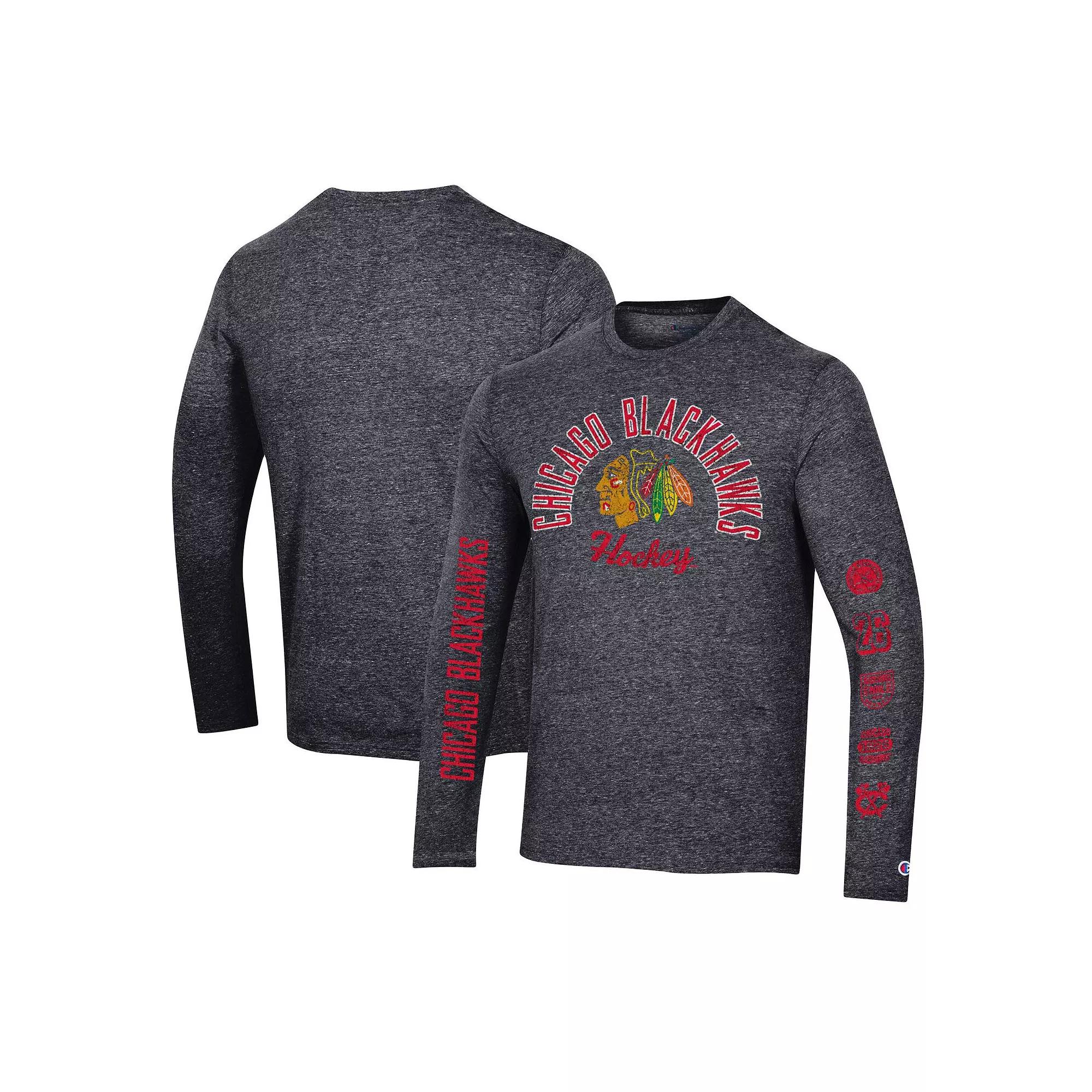 Men's Champion Black Vegas Golden Knights Multi-Logo Tri-Blend Long Sleeve T-Shirt,  Product Image