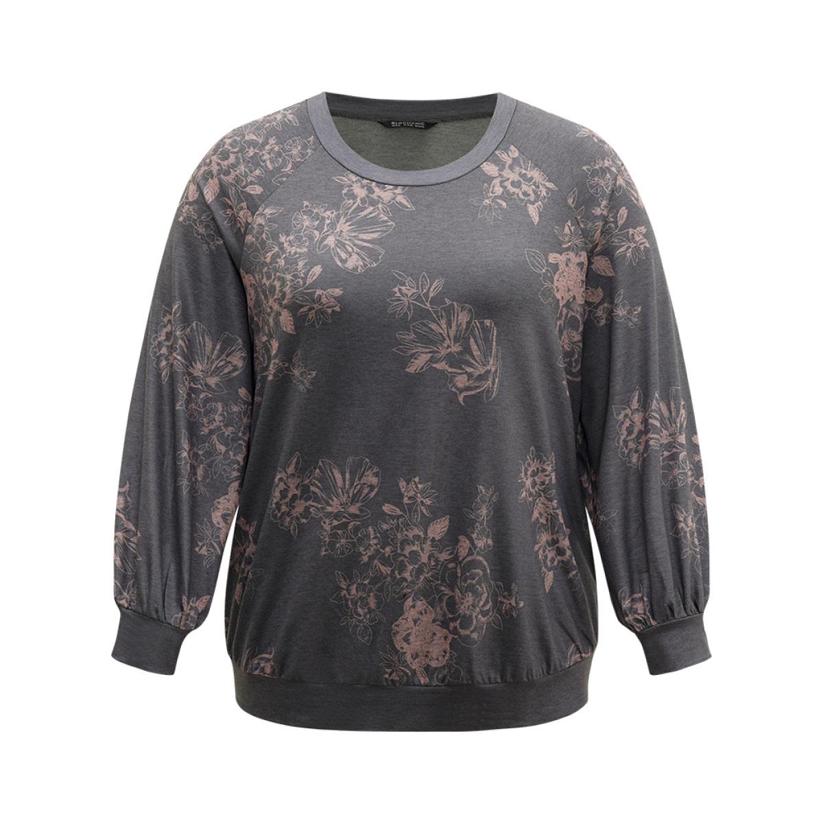 Plus Size Floral Print Round Neck Raglan Sleeve Sweatshirt Women Gray Elegant Heather Round Neck Dailywear Sweatshirts BloomChic 14-16/1X Product Image