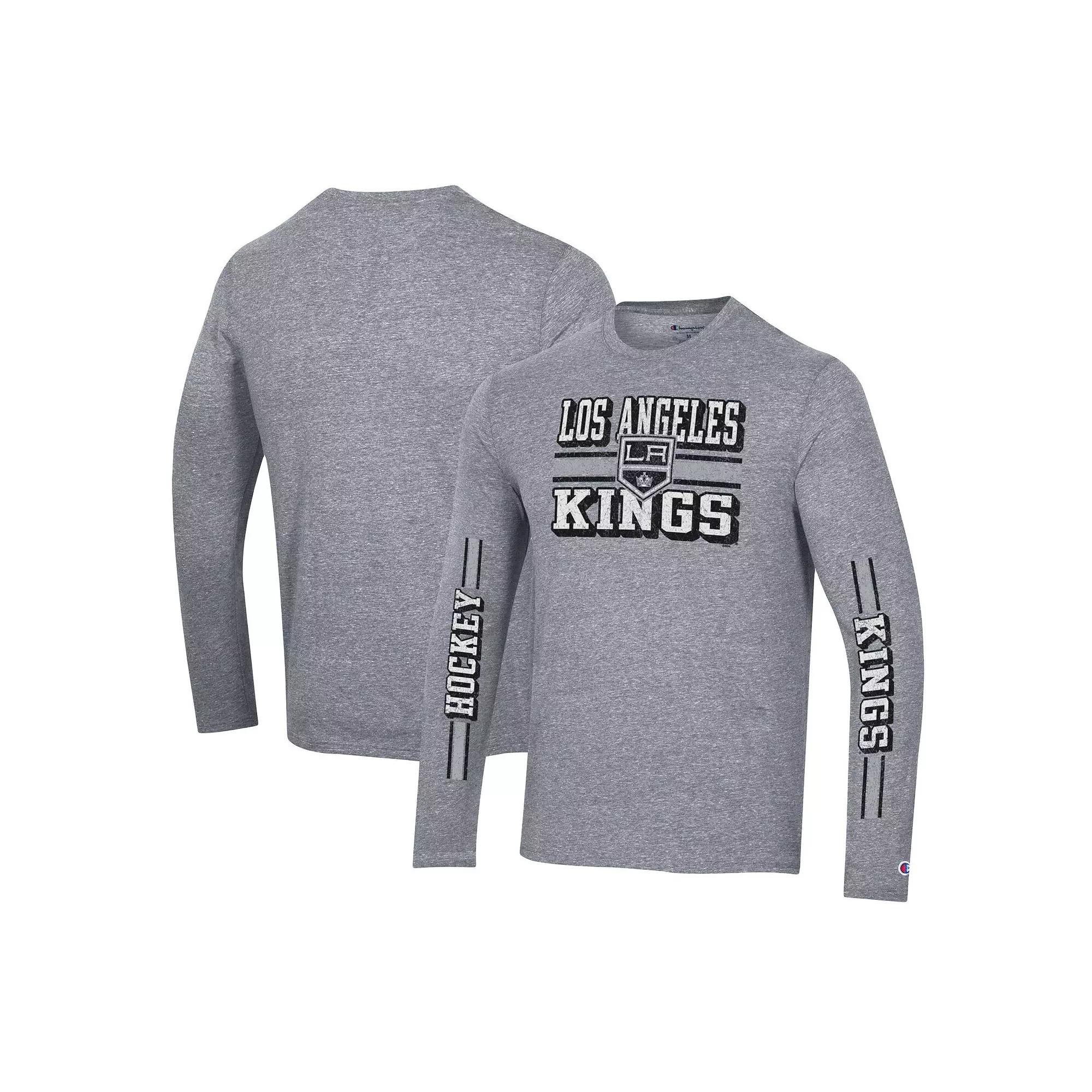 Men's Champion Heather Gray Los Angeles Kings Tri-Blend Dual-Stripe Long Sleeve T-Shirt, Size: Small, Kgs Grey Product Image