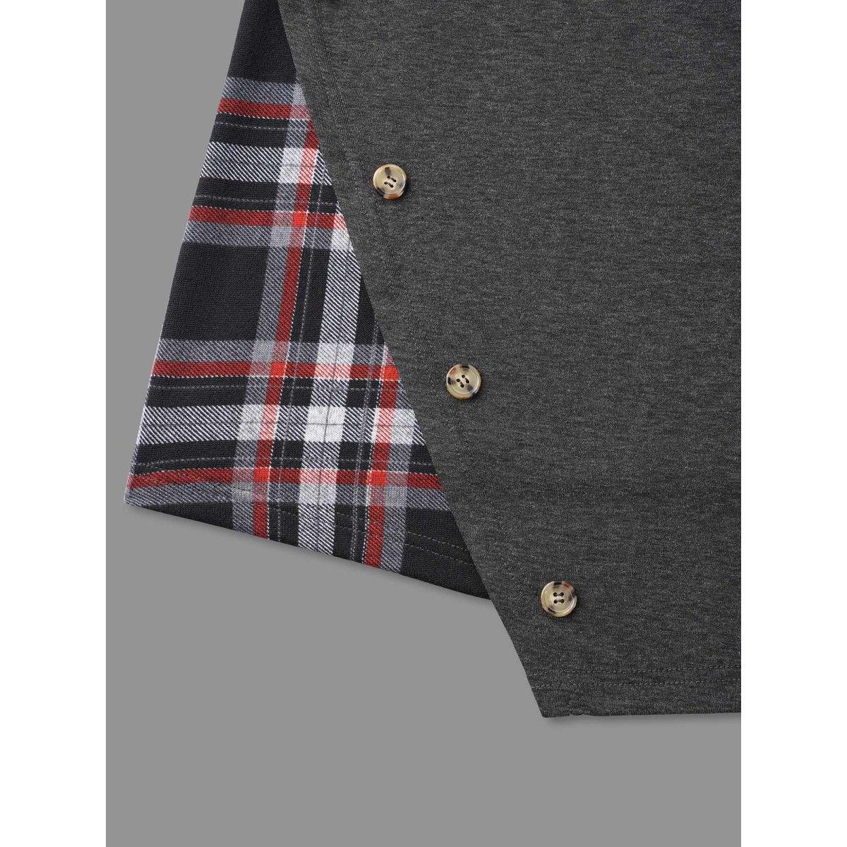 Plus Size Gingham Patchwork Button Detail T-Shirt DimGray Women Casual Contrast Round Neck Everyday T-shirts BloomChic 28/5X Product Image