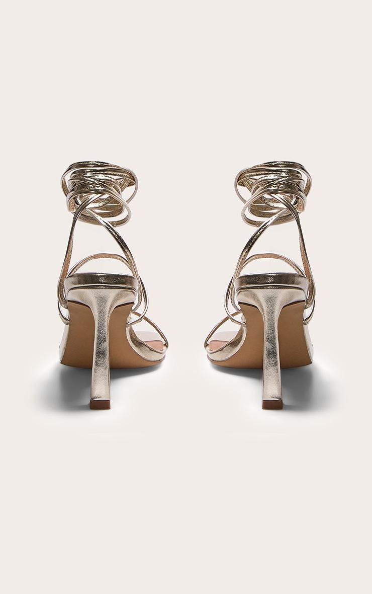 Gold Pu Square Toe Strappy Lace Up Mid Stiletto Heeled Sandals Product Image