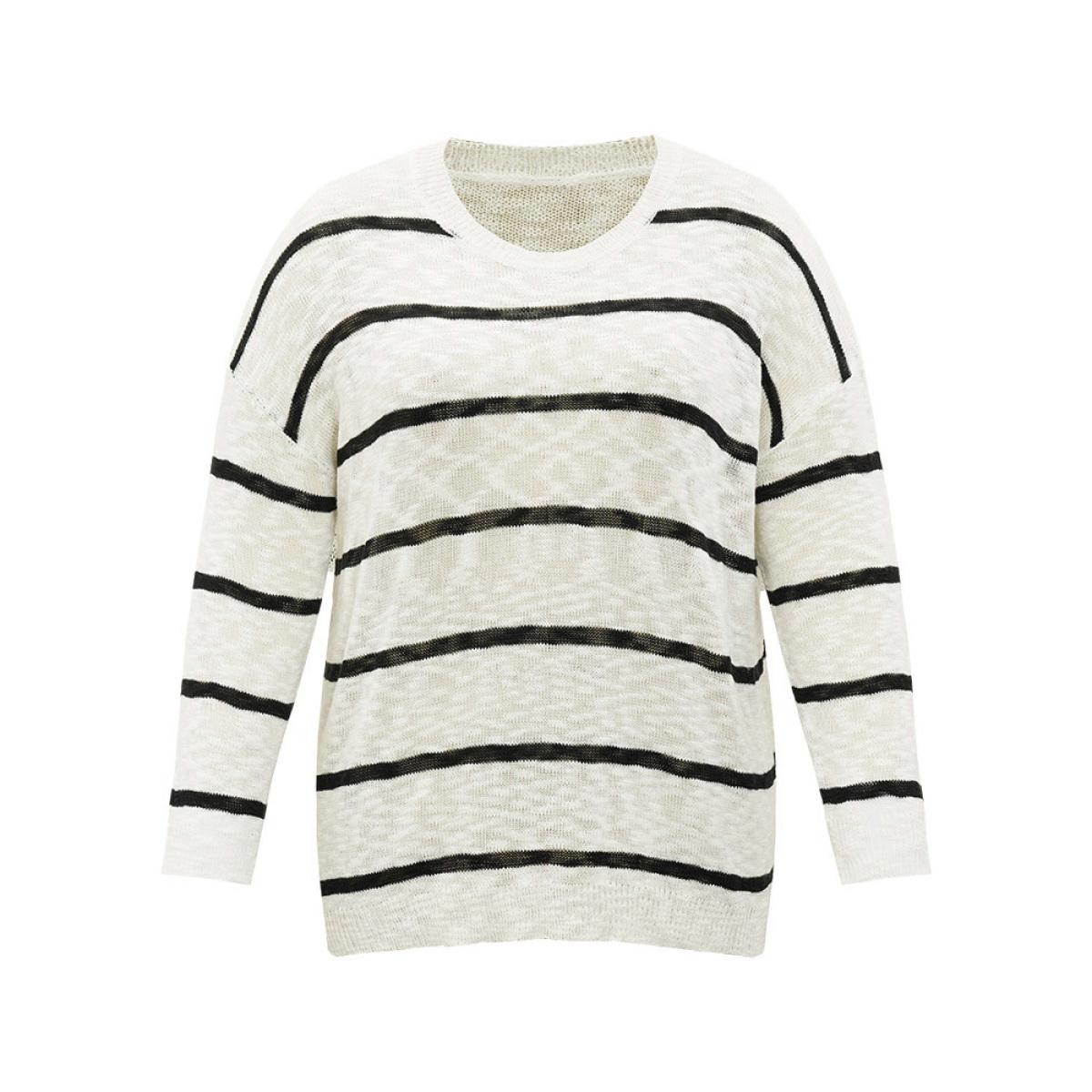 Plus Size Striped Drop Shoulder Lightweight Loose Pullover Beige Women Casual Loose Long Sleeve Round Neck Everyday Pullovers BloomChic 14-16/1X Product Image