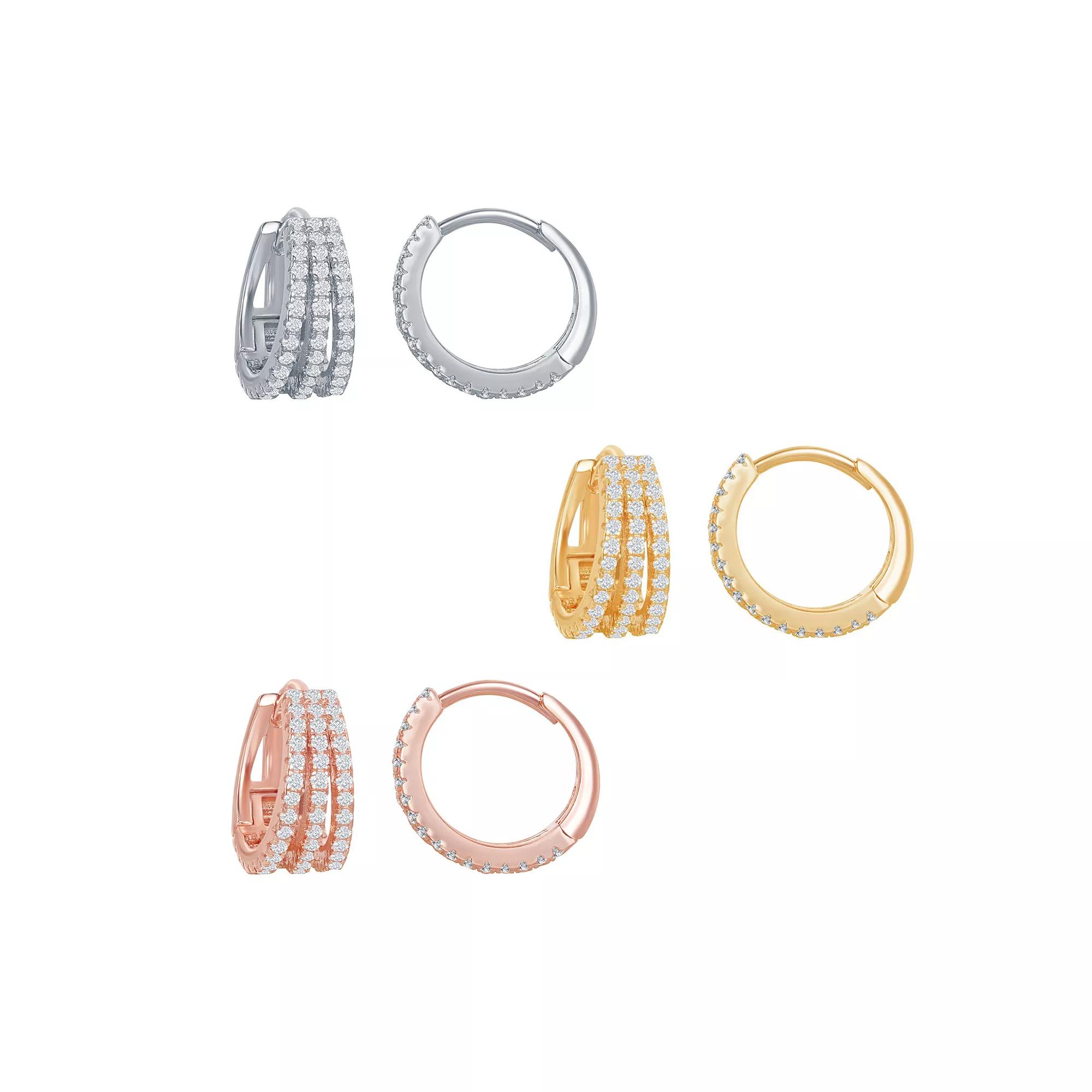 3-pair Tri-Color CZ Hoop Earrings, Women's, Sterling Product Image
