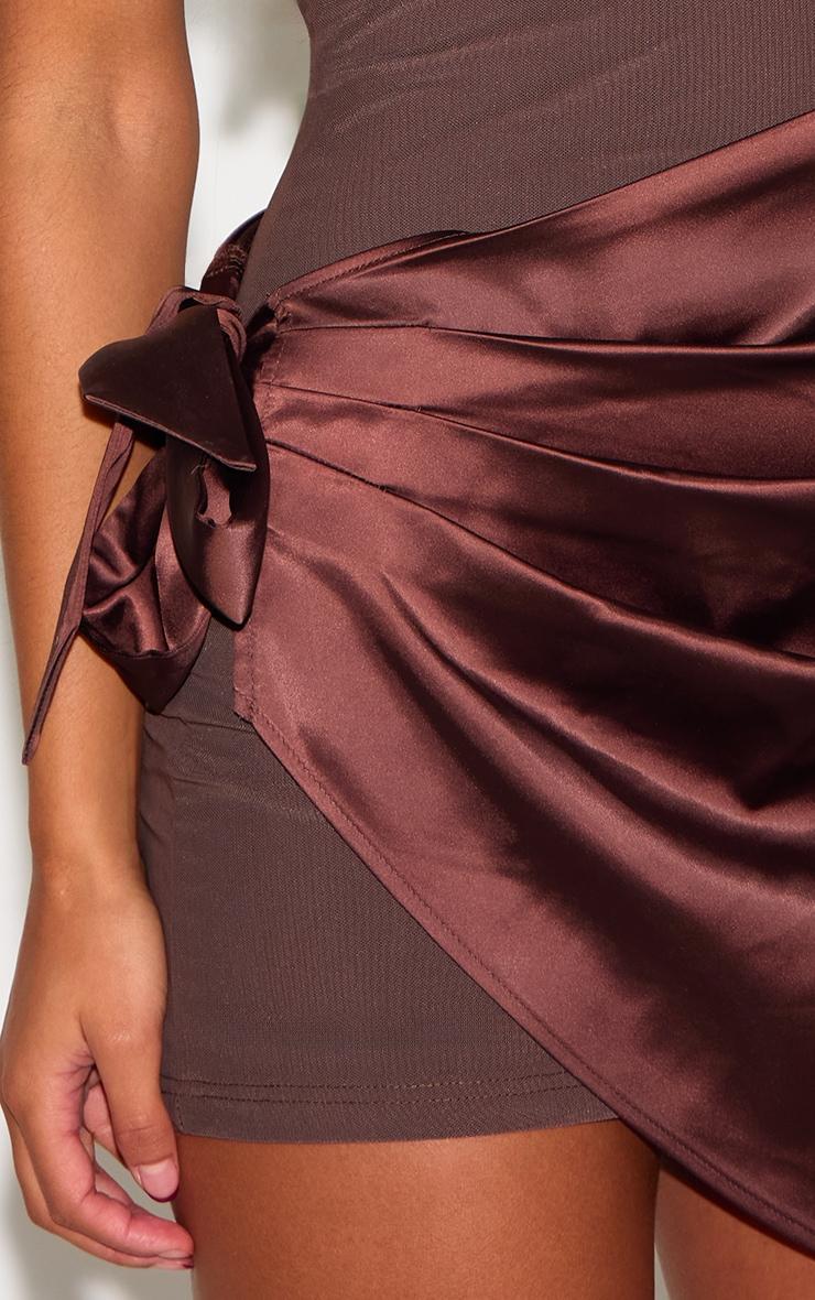 Chocolate Woven High Neck Satin Drape Mini Dress Product Image