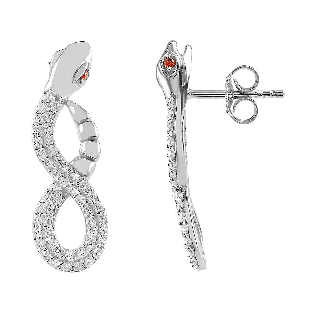 SIRI Sterling Silver Rhodium Plated White Cubic Zirconia & Garnet Cubic Zirconia On Eyes Serpent Dangle Post Earrings, Women's Product Image