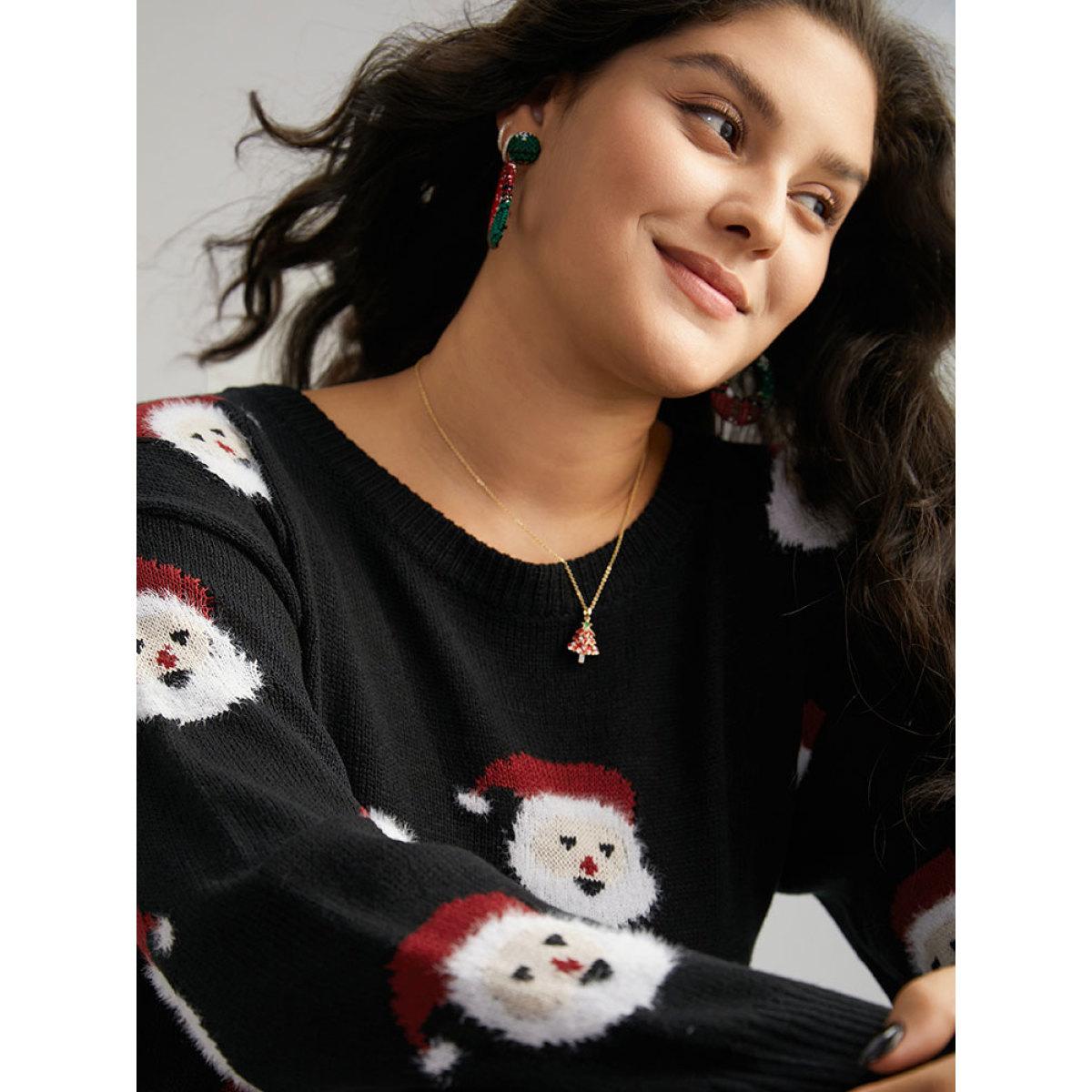 Plus Size Jolly Fellow Motifs Round Neck Pullover Black Women Casual Long Sleeve Round Neck Festival-Christmas Pullovers BloomChic 28/5X Product Image